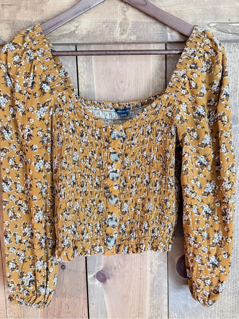 Floral Smocked Square-Neck Crop Top - Mustard